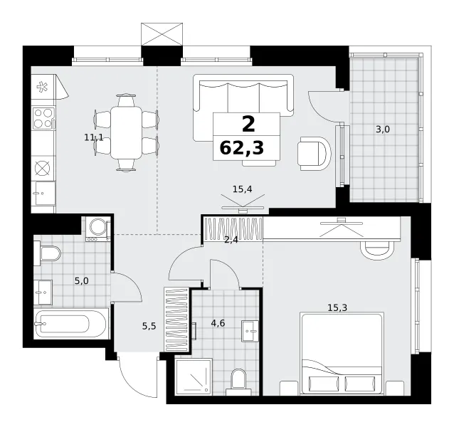 2-комн. 62.3 м²