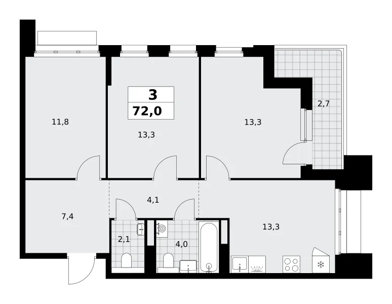 3-комн. 72 м²