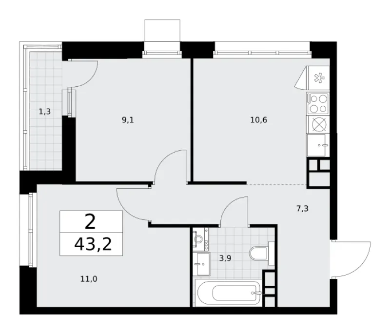 2-комн. 43.2 м²