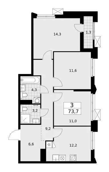 3-комн. 73.7 м²