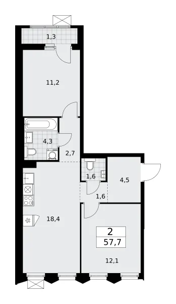 2-комн. 57.7 м²