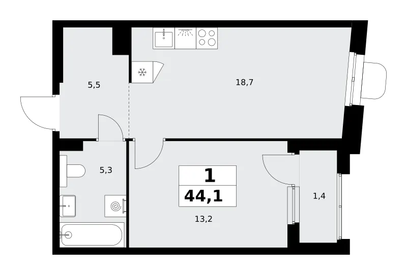 1-комн. 44.1 м²