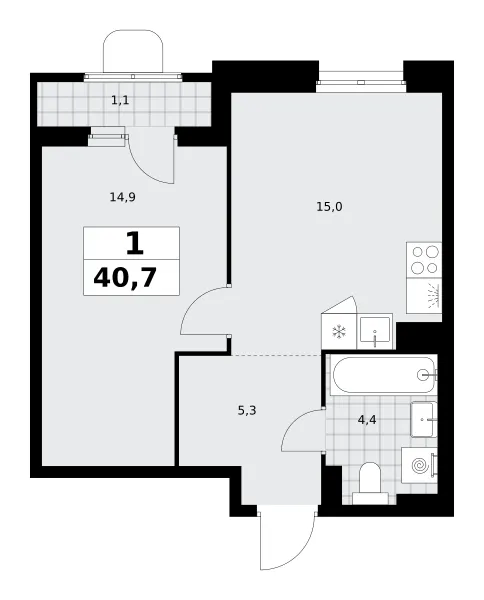 1-комн. 40.7 м²