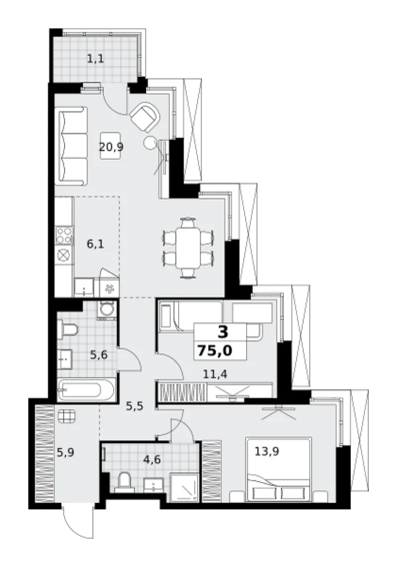 3-комн. 75 м²
