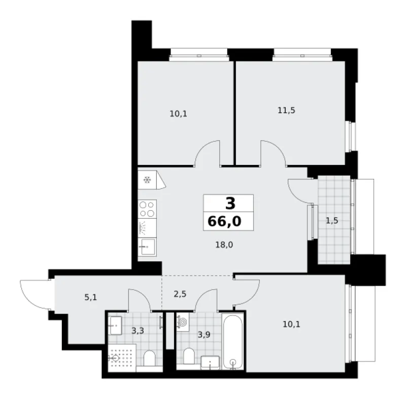 3-комн. 66 м²