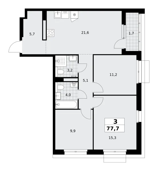 3-комн. 77.7 м²