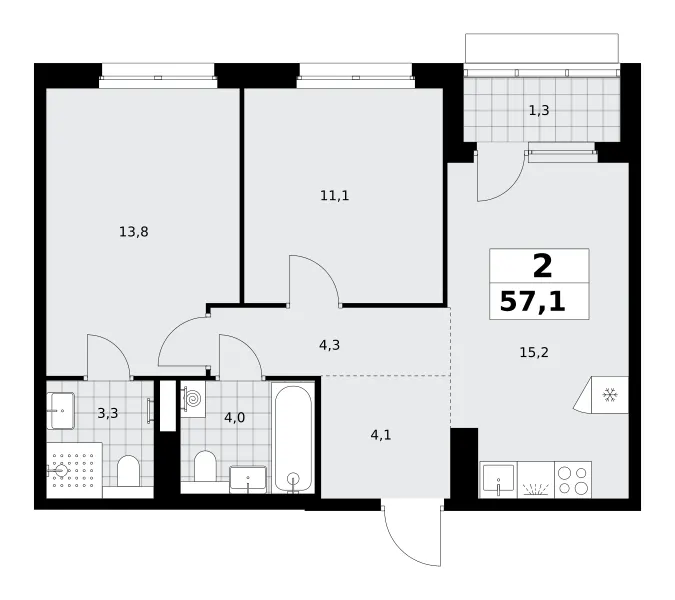 2-комн. 57.1 м²
