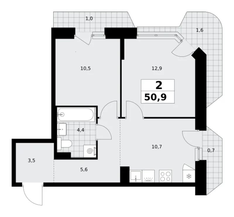 2-комн. 50.9 м²