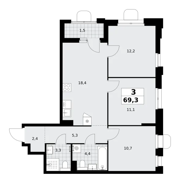 3-комн. 69.3 м²
