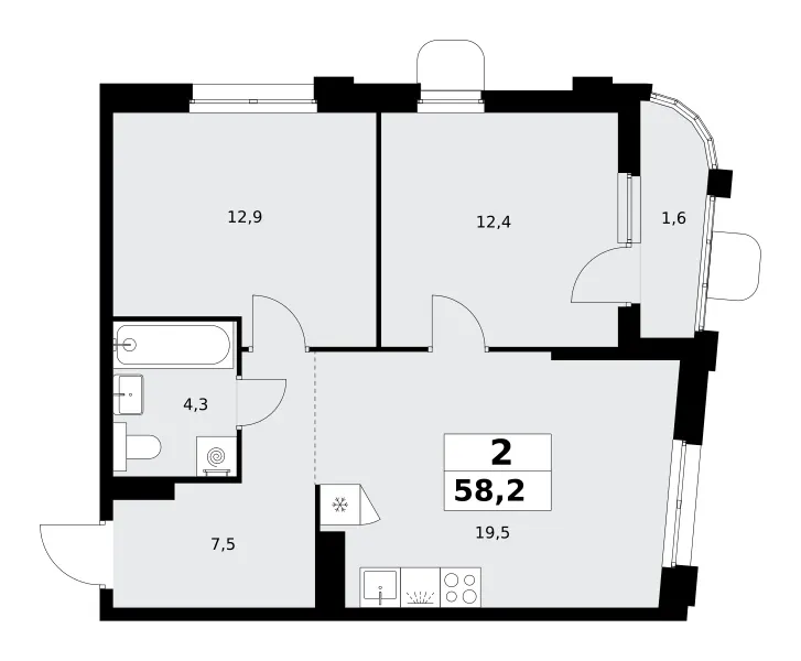 2-комн. 58.2 м²