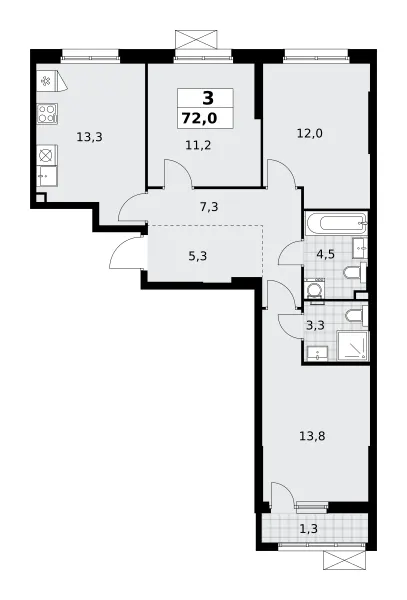 3-комн. 72 м²