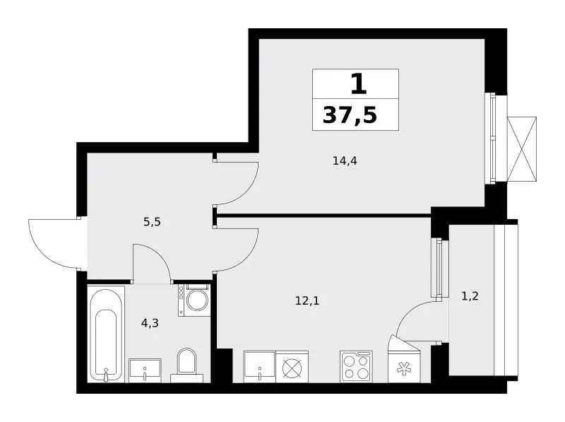 1-комн. 37.5 м²