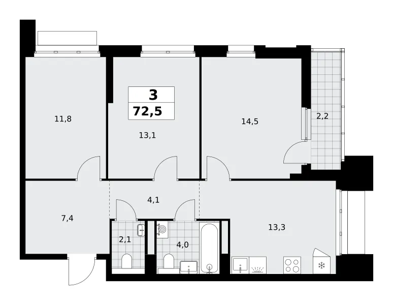3-комн. 72.5 м²