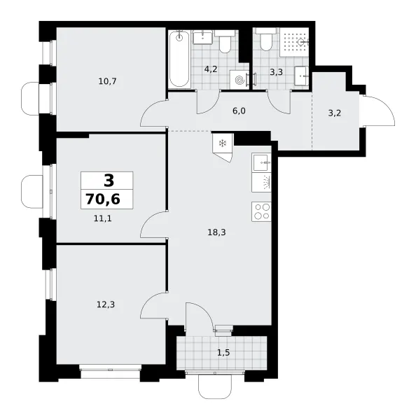 3-комн. 70.6 м²