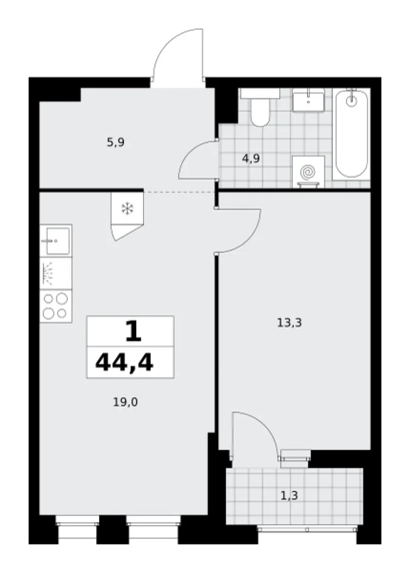 1-комн. 44.4 м²