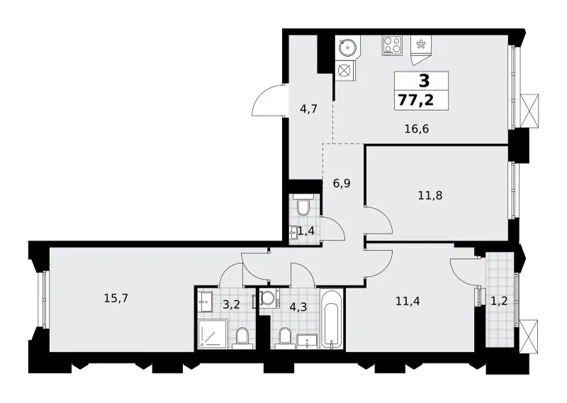 3-комн. 77.2 м²