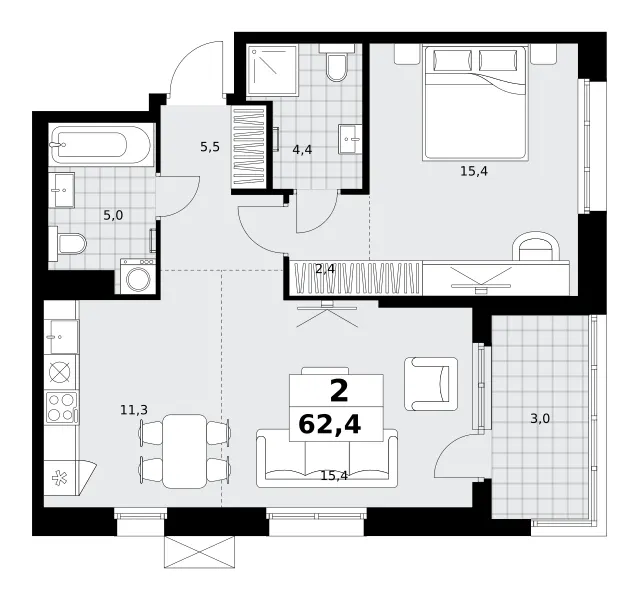 2-комн. 62.4 м²