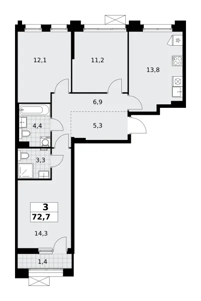 3-комн. 72.7 м²