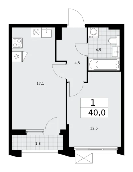 1-комн. 40 м²