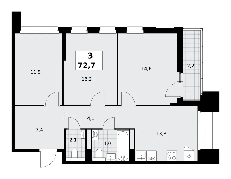 3-комн. 72.7 м²