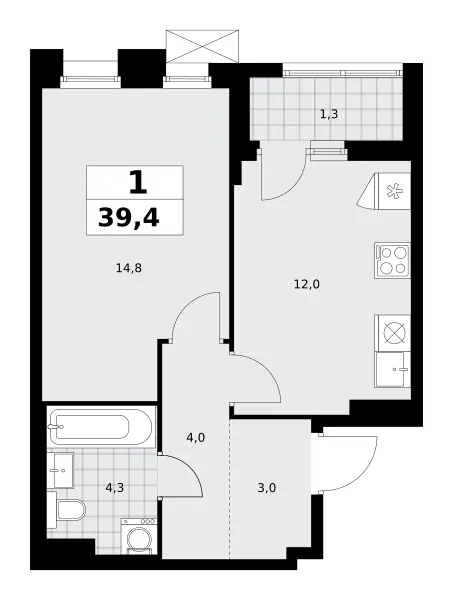 1-комн. 39.4 м²