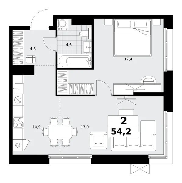 2-комн. 54.2 м²