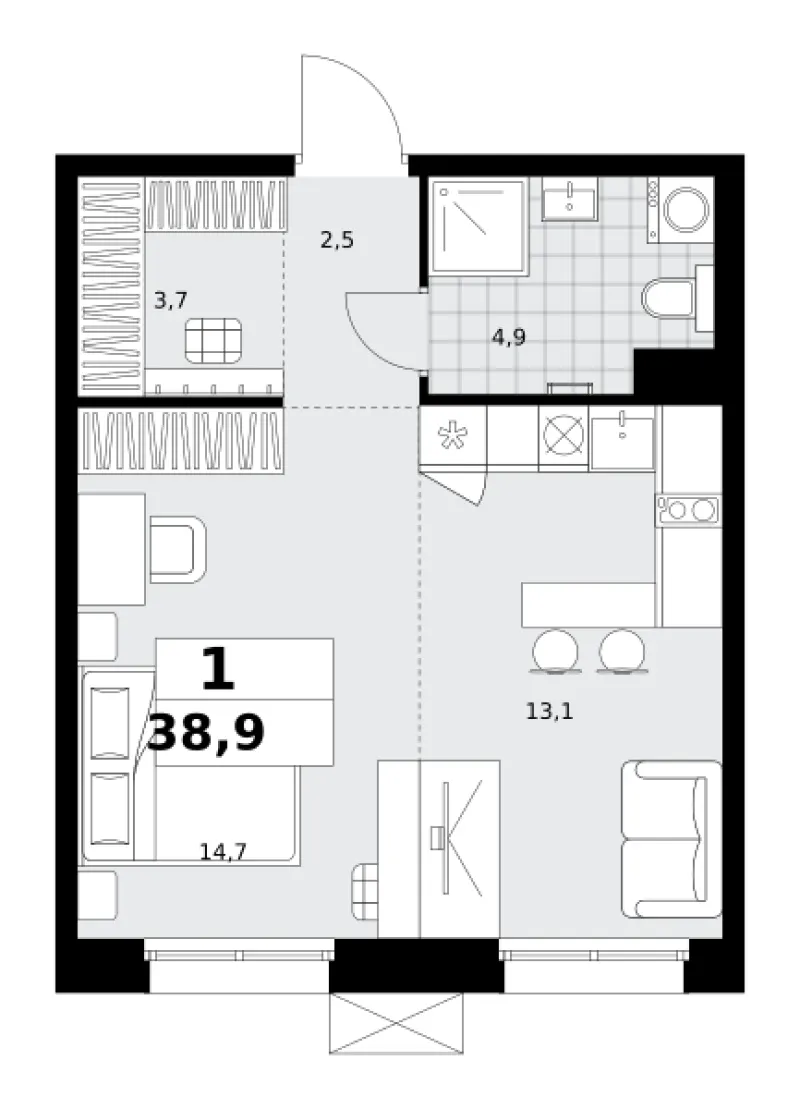 Студия 38.9 м²