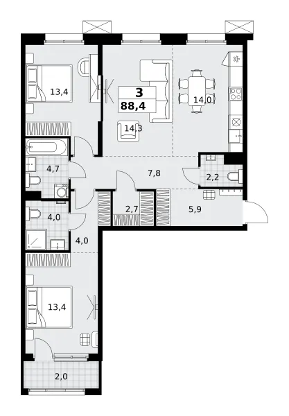 3-комн. 88.4 м²