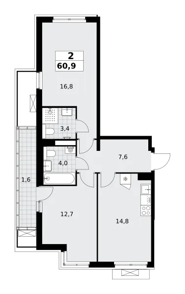2-комн. 60.9 м²