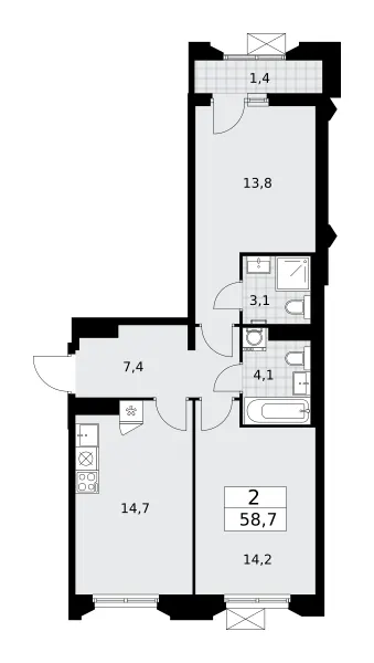 2-комн. 58.7 м²
