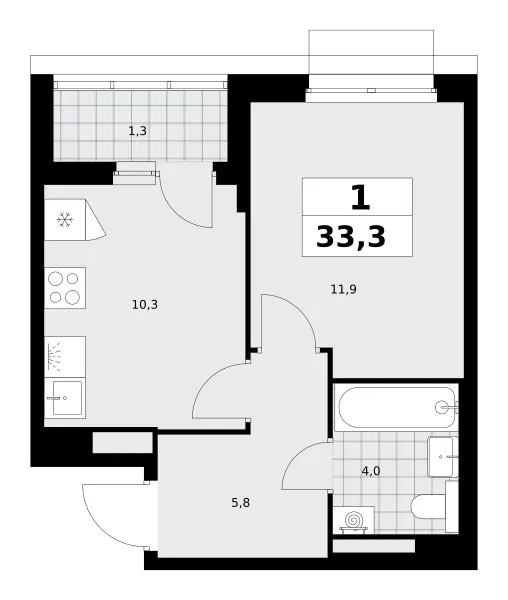 1-комн. 33.3 м²