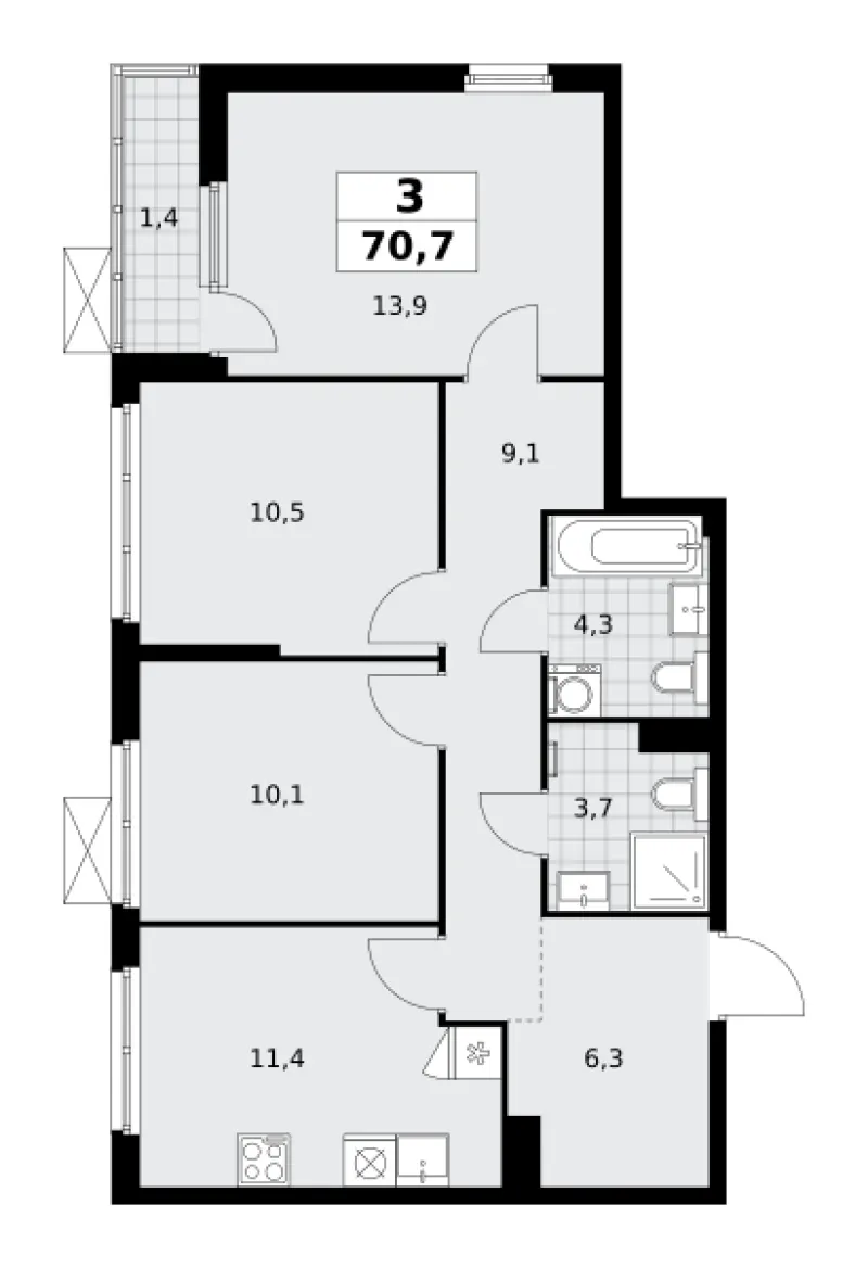 3-комн. 70.6 м²