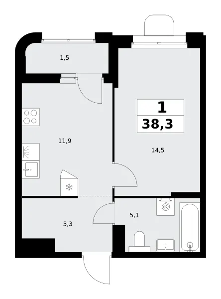 1-комн. 38.3 м²