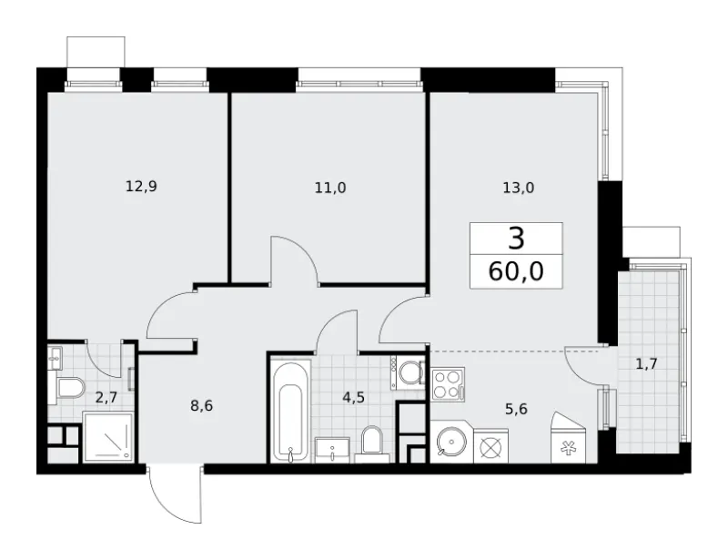 3-комн. 60 м²