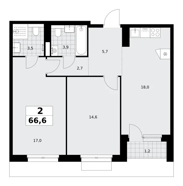 2-комн. 66.6 м²