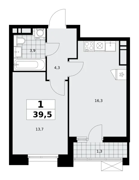 1-комн. 39.5 м²