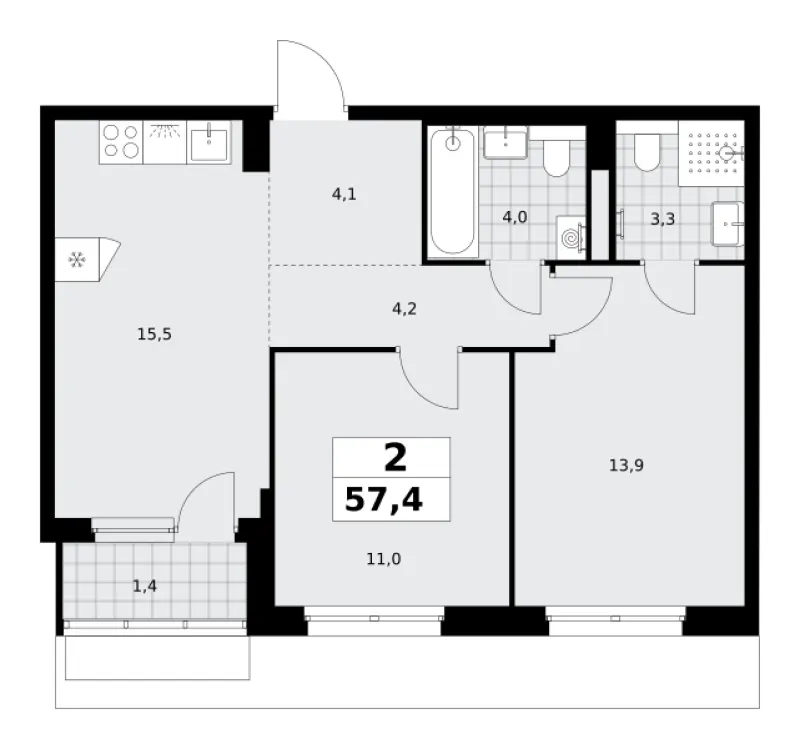 2-комн. 57.4 м²