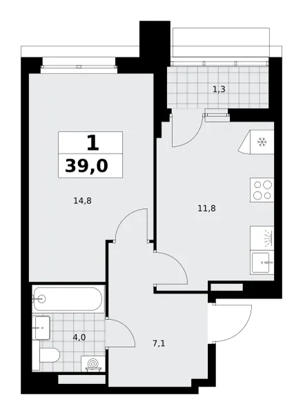 1-комн. 39 м²