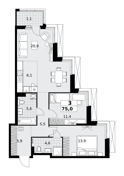 3-комн. 75 м²