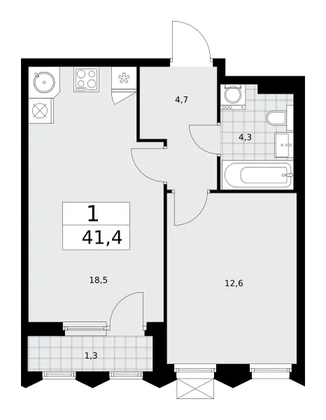 1-комн. 41.4 м²