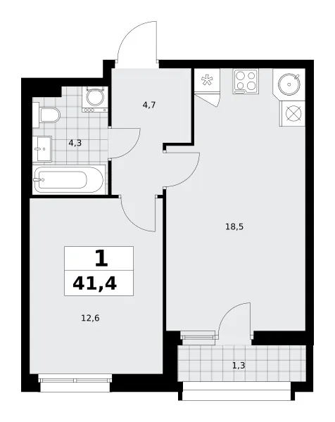 1-комн. 41.4 м²
