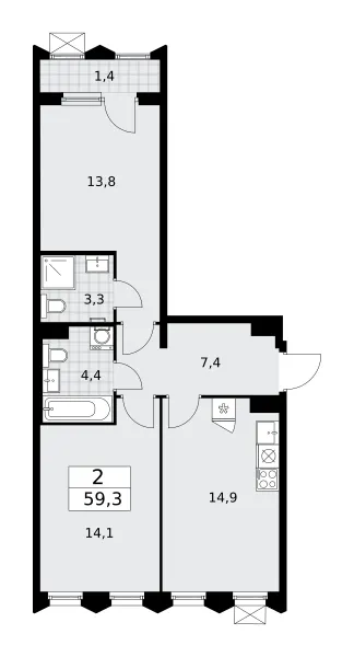 2-комн. 59.3 м²