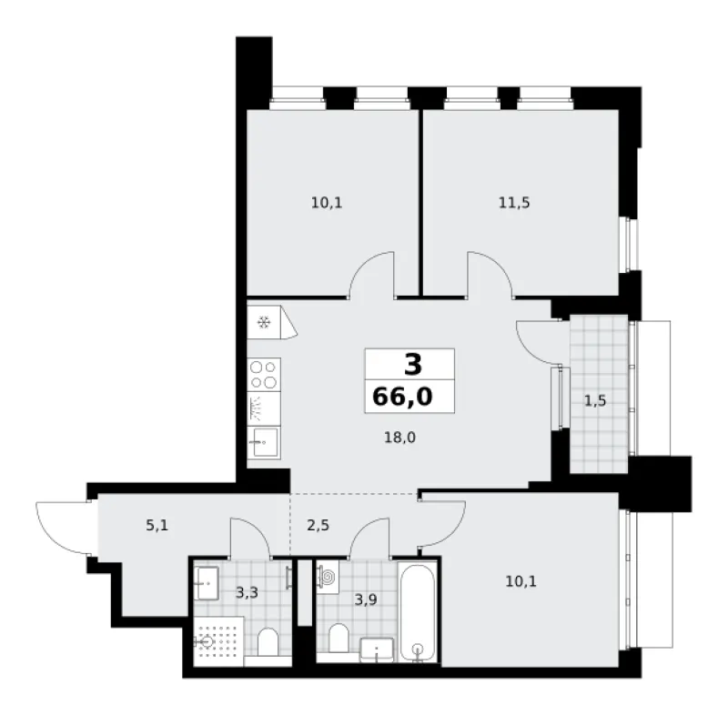 3-комн. 66 м²