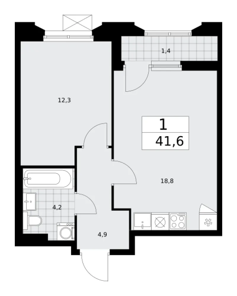 1-комн. 41.6 м²