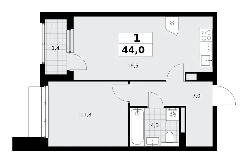 1-комн. 44 м²