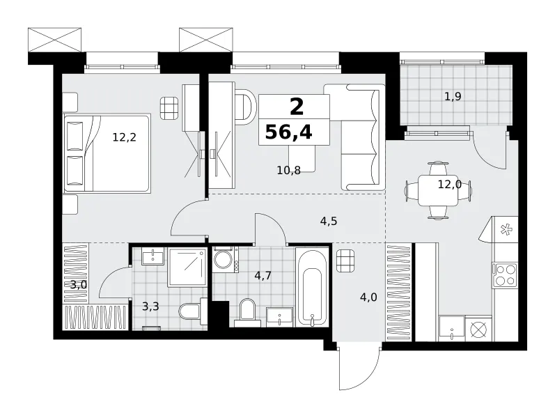 2-комн. 56.4 м²