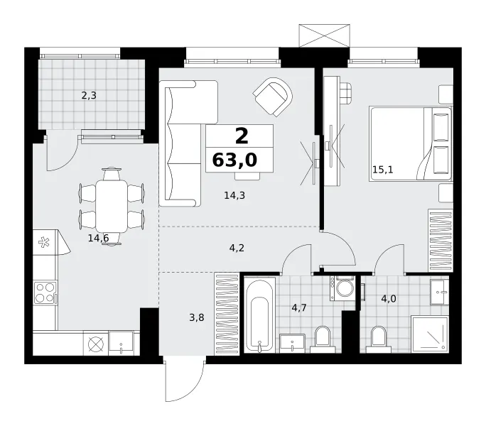 2-комн. 63 м²