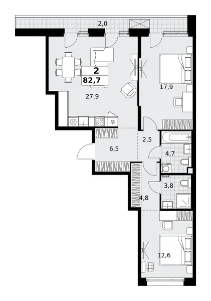 2-комн. 82.7 м²