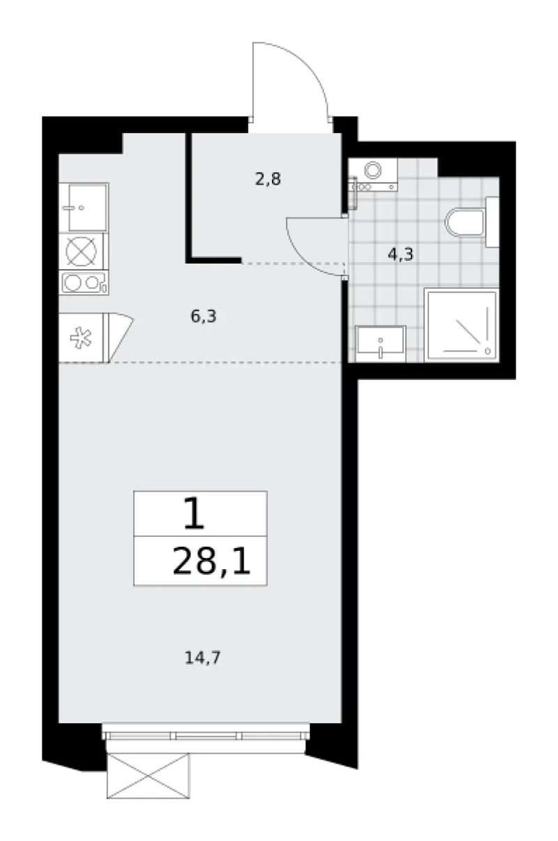 Студия 28.1 м²