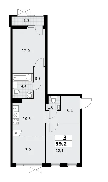 3-комн. 59.5 м²